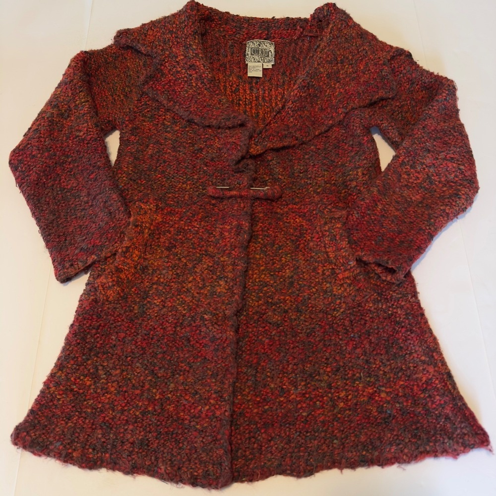 Curio Red Multi Chunky Boucle‎ Knit Longline Cardigan Sweater Safety Pin Small